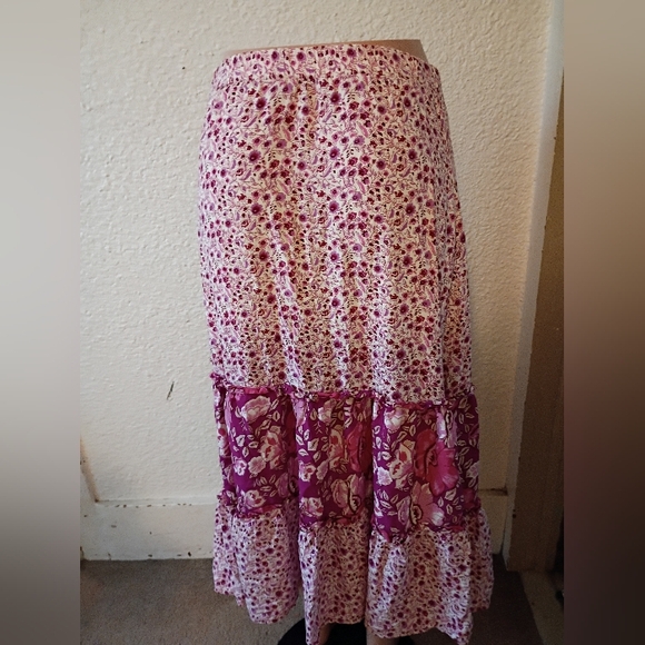 Free People Dresses & Skirts - Free People Floral Pink Long Maxi Skirt S 4 6 Tiered Ruffle Boho